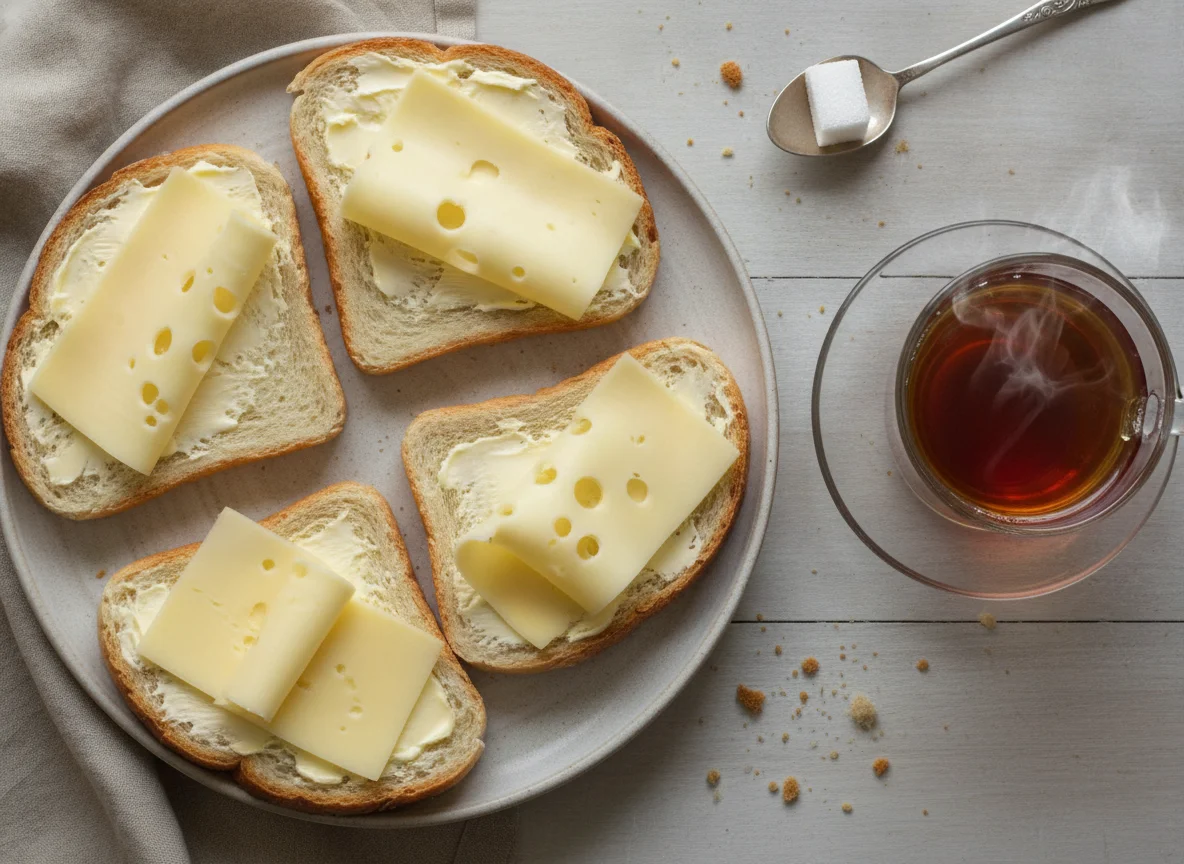 Бутерброды с сыром и маслом и чай photo