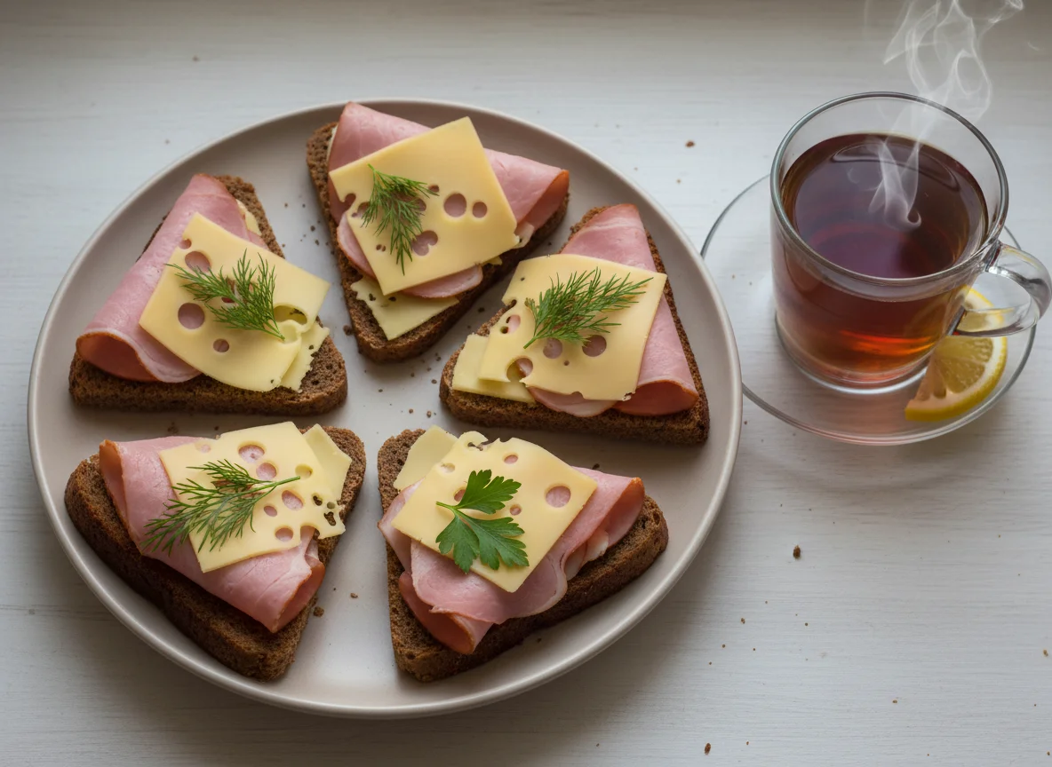 Бутерброды с сыром и ветчиной и чай photo