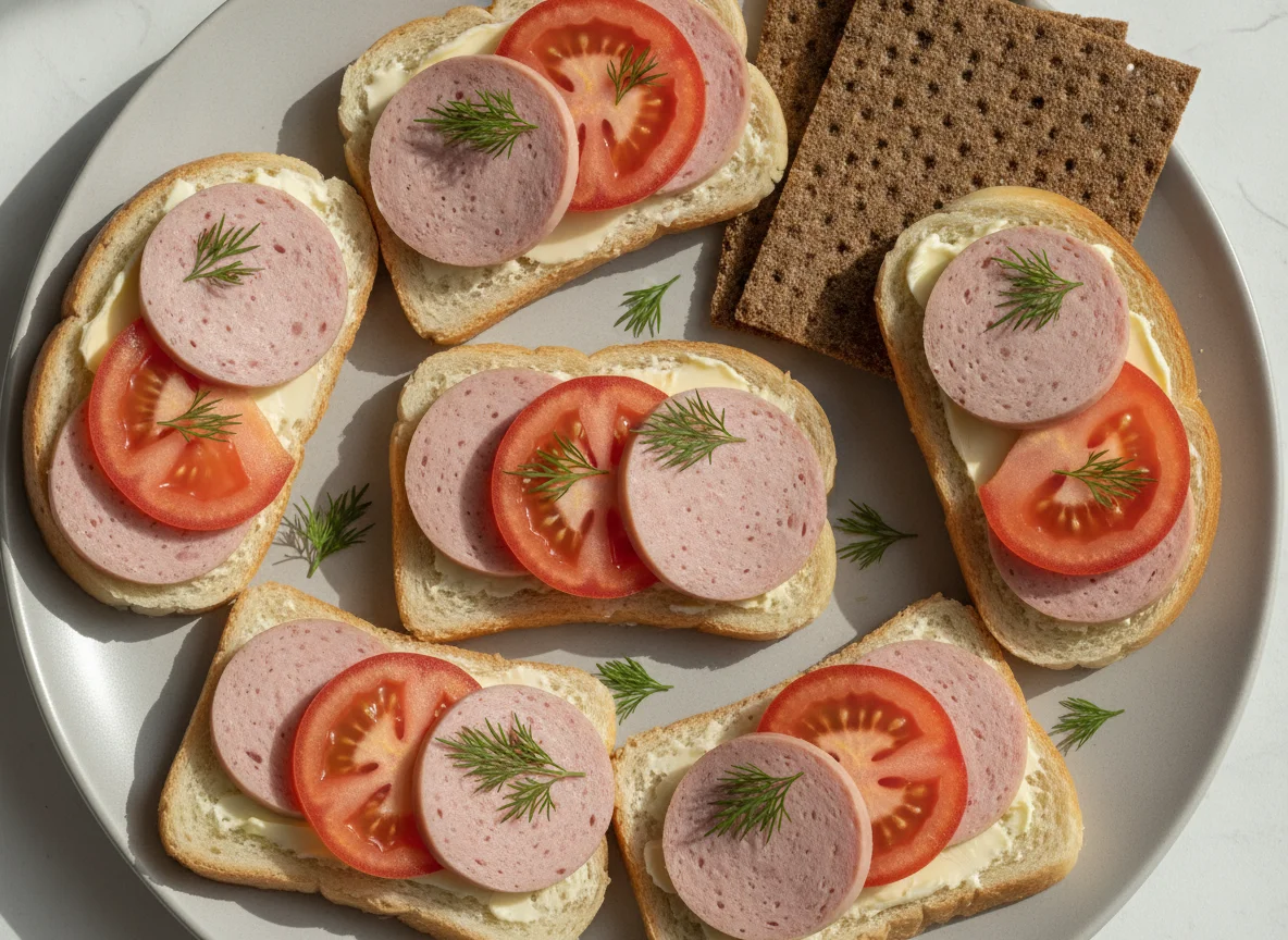 Бутерброды с вареной колбасой и овощами photo
