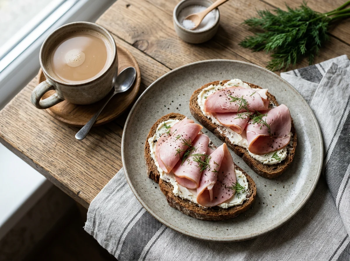 Бутерброды с ветчиной и кофе с молоком photo