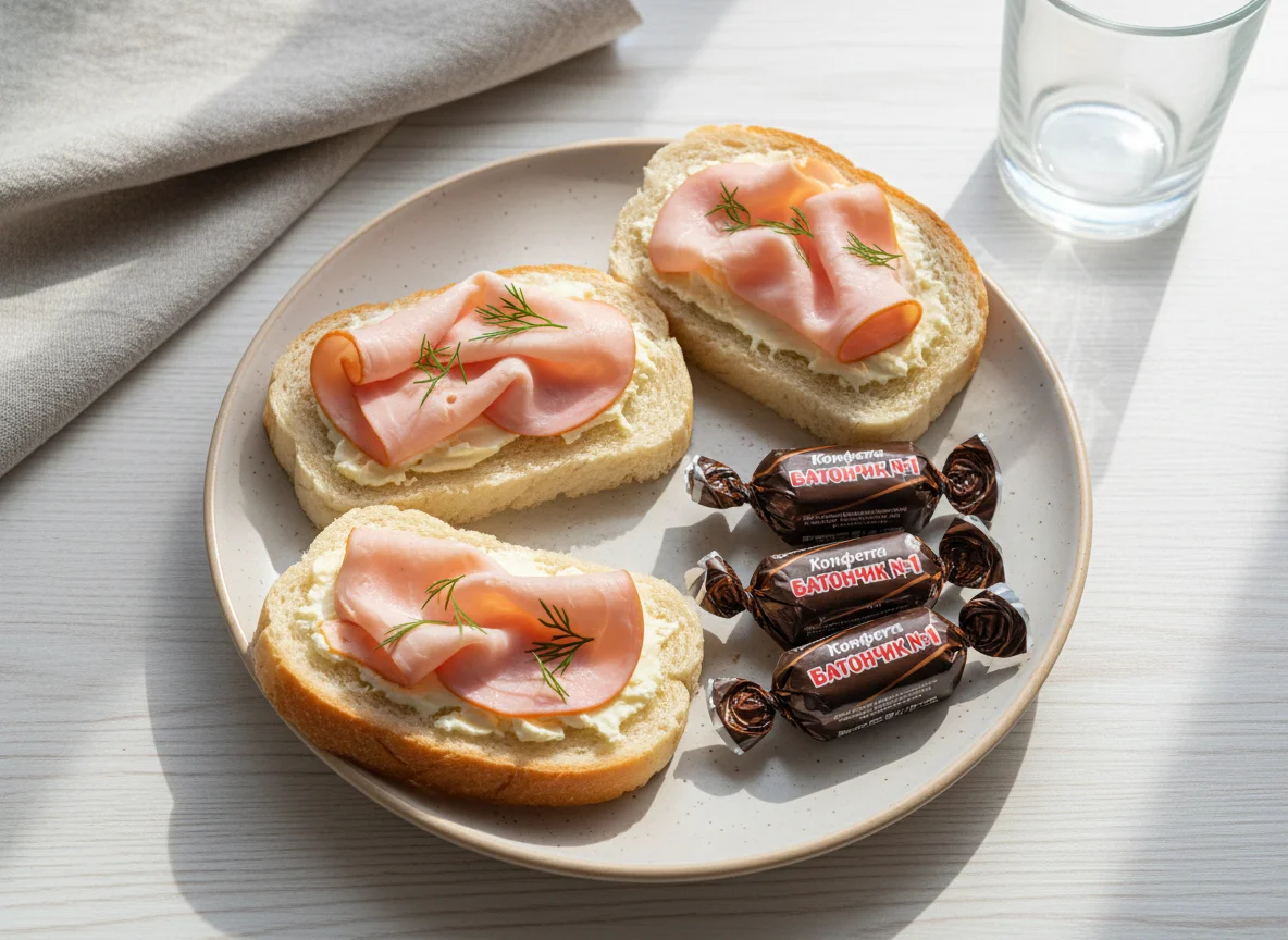 Бутерброды с ветчиной и плавленым сыром и конфеты photo