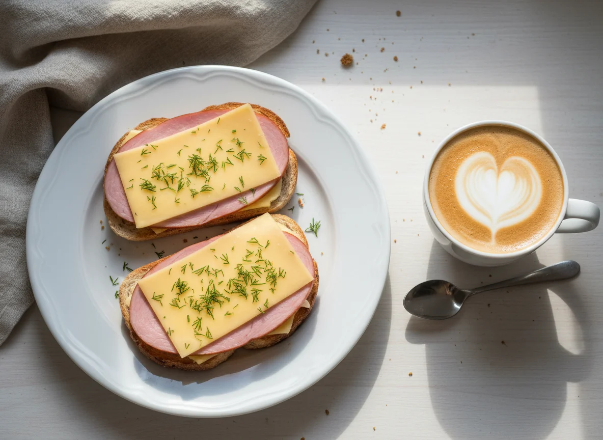 Бутерброды с ветчиной и сыром и кофе с молоком photo