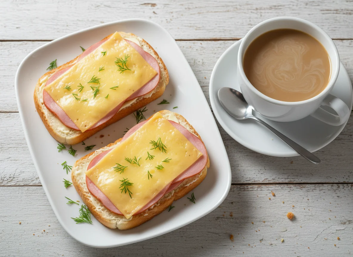Бутерброды с ветчиной и сыром с кофе photo