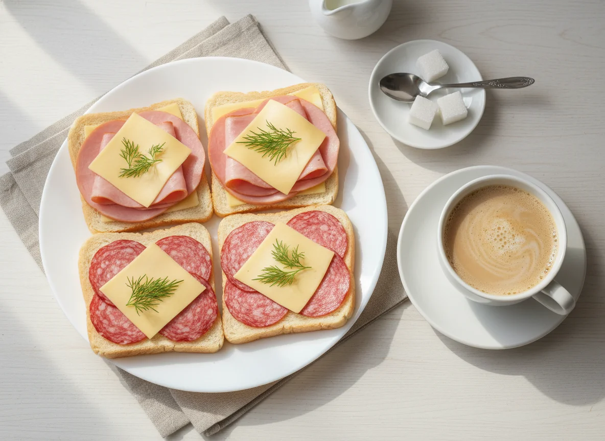 Бутерброды с ветчиной, колбасой и сыром, кофе с молоком и сахаром photo