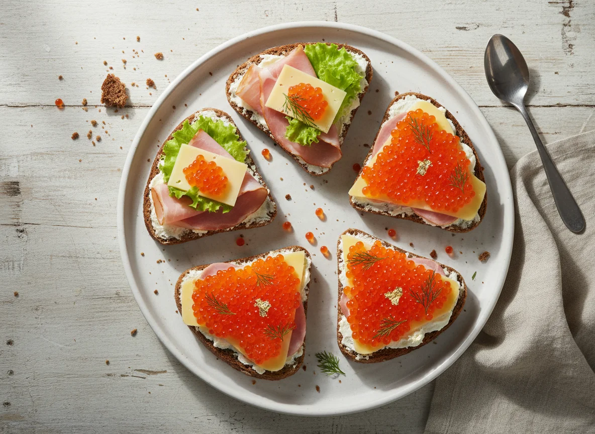 Бутерброды с ветчиной, сыром и икрой photo