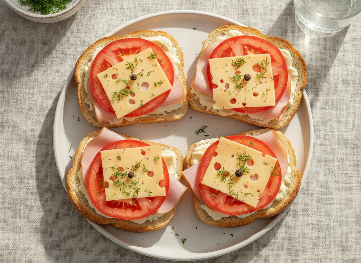 Бутерброды с ветчиной, сыром и помидором photo