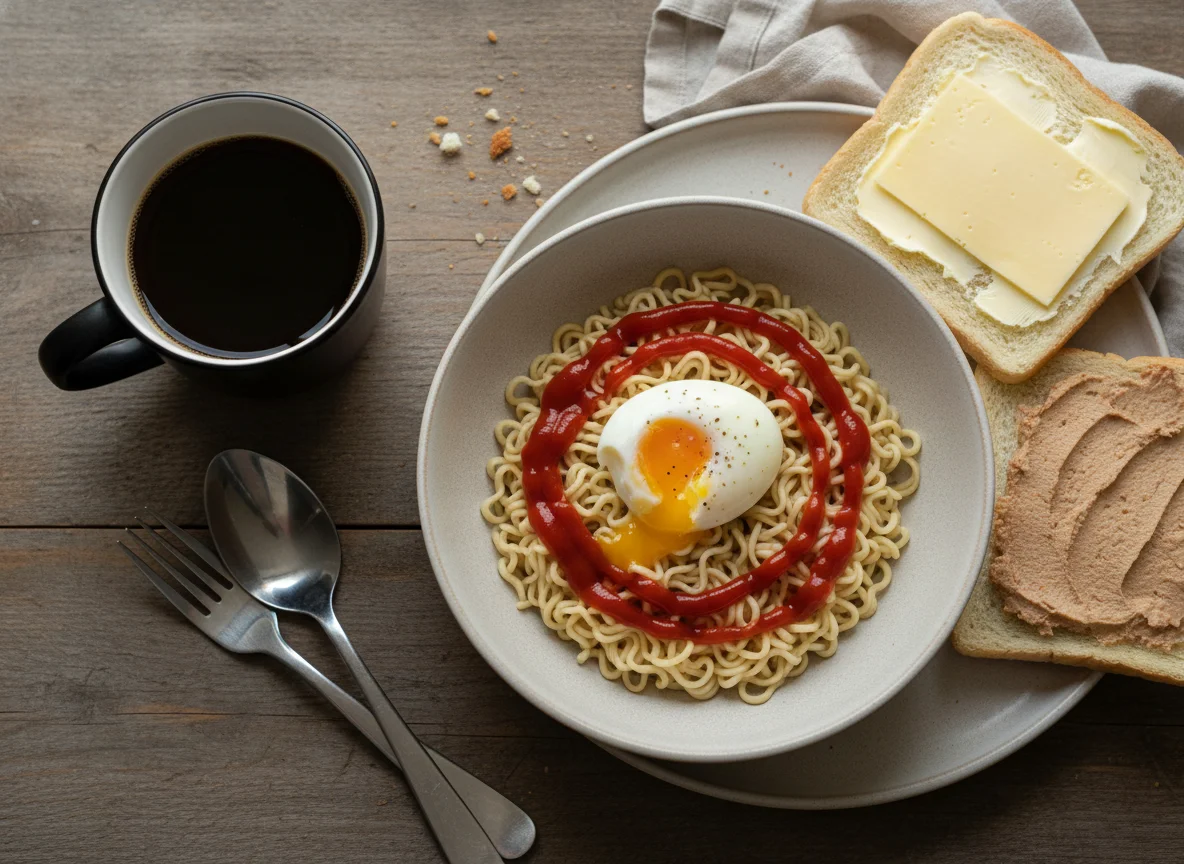 Быстрый завтрак с лапшой и бутербродами photo