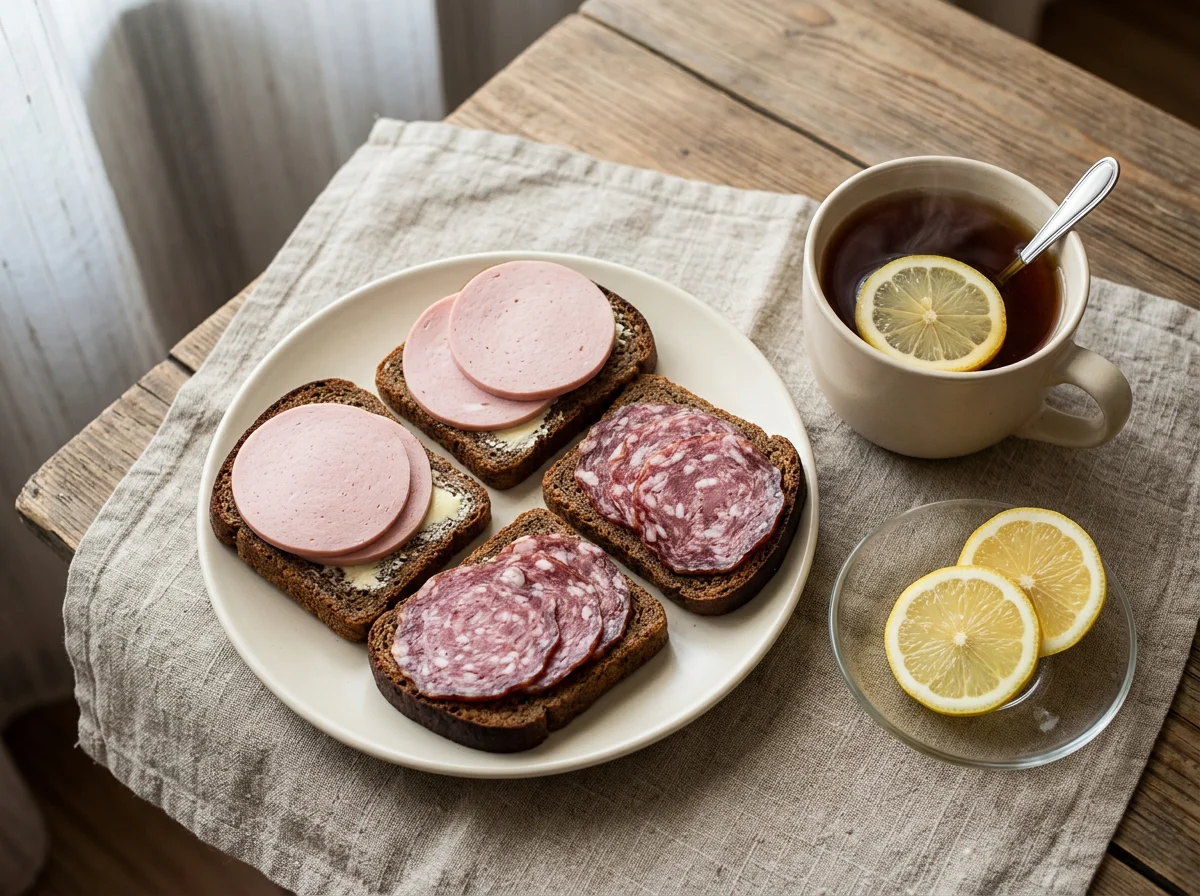 Чай с лимоном и бутерброды с колбасой photo