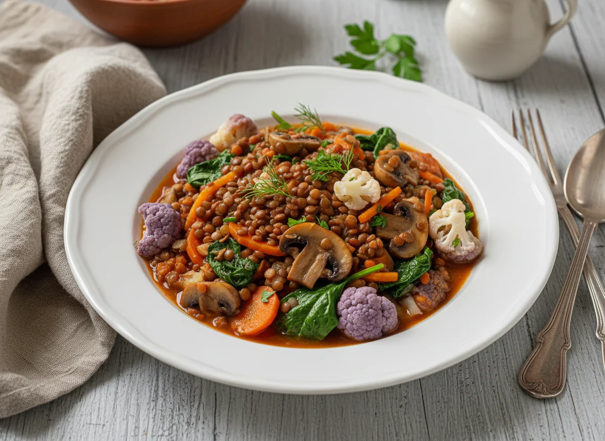 Чечевица с грибами и овощами photo