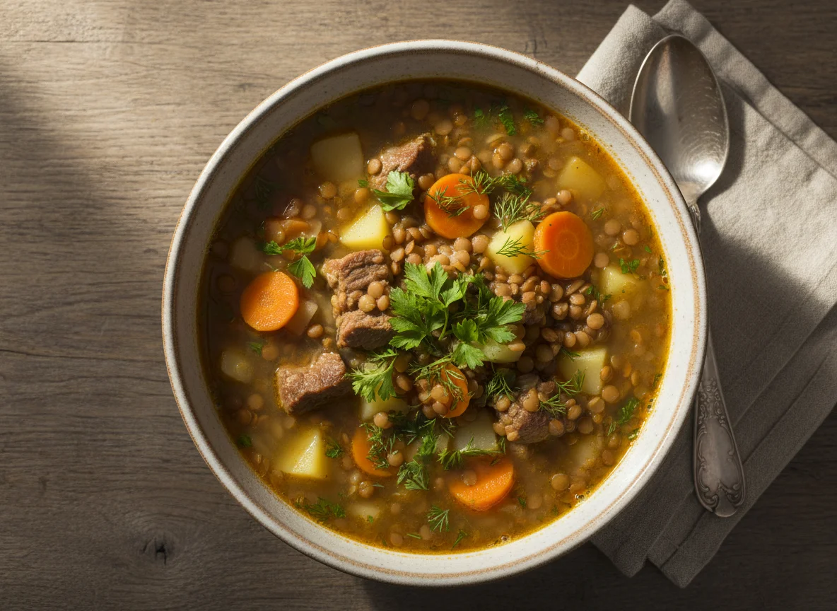 Чечевичный суп с мясом photo