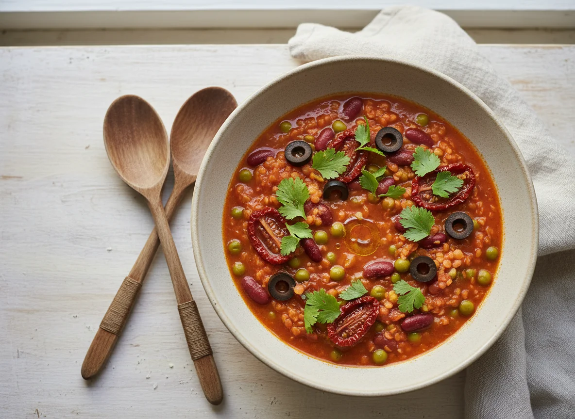 Чечевичный суп с овощами и оливками photo