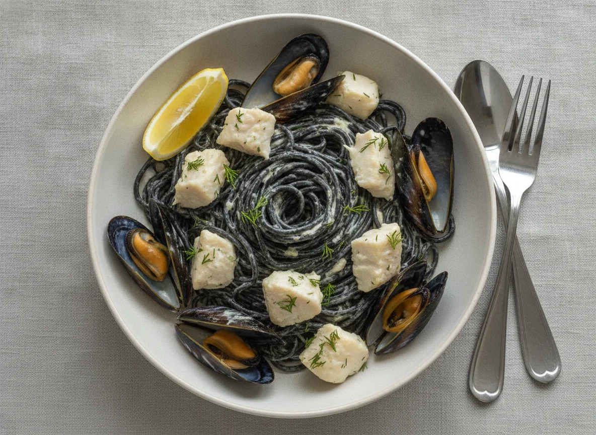 Черная паста с морепродуктами в сливочном соусе photo