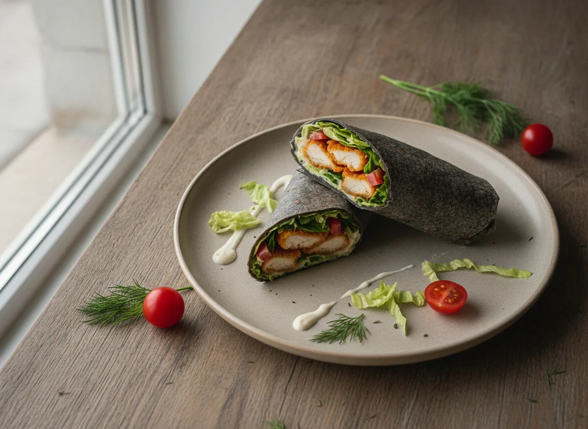 Чёрный ролл с куриными стрипсами photo