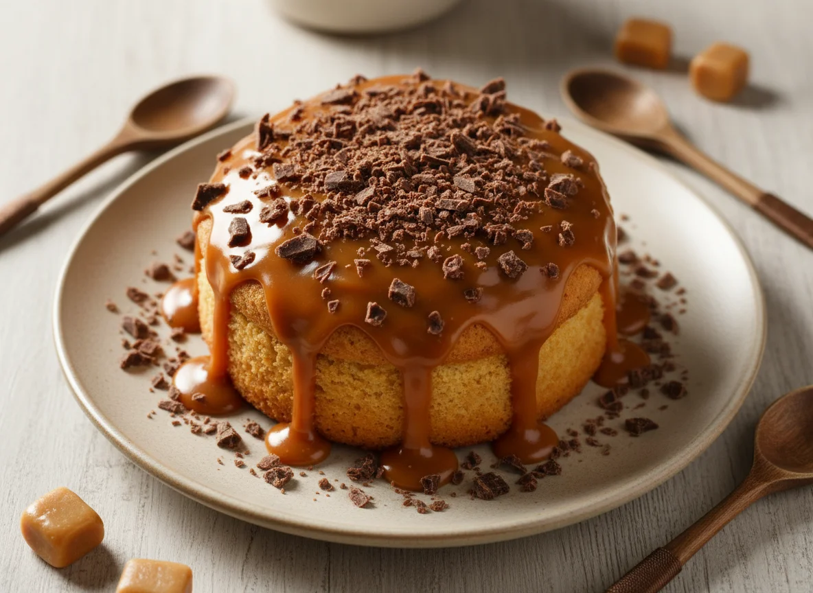 Десерт с карамелью и шоколадной крошкой photo