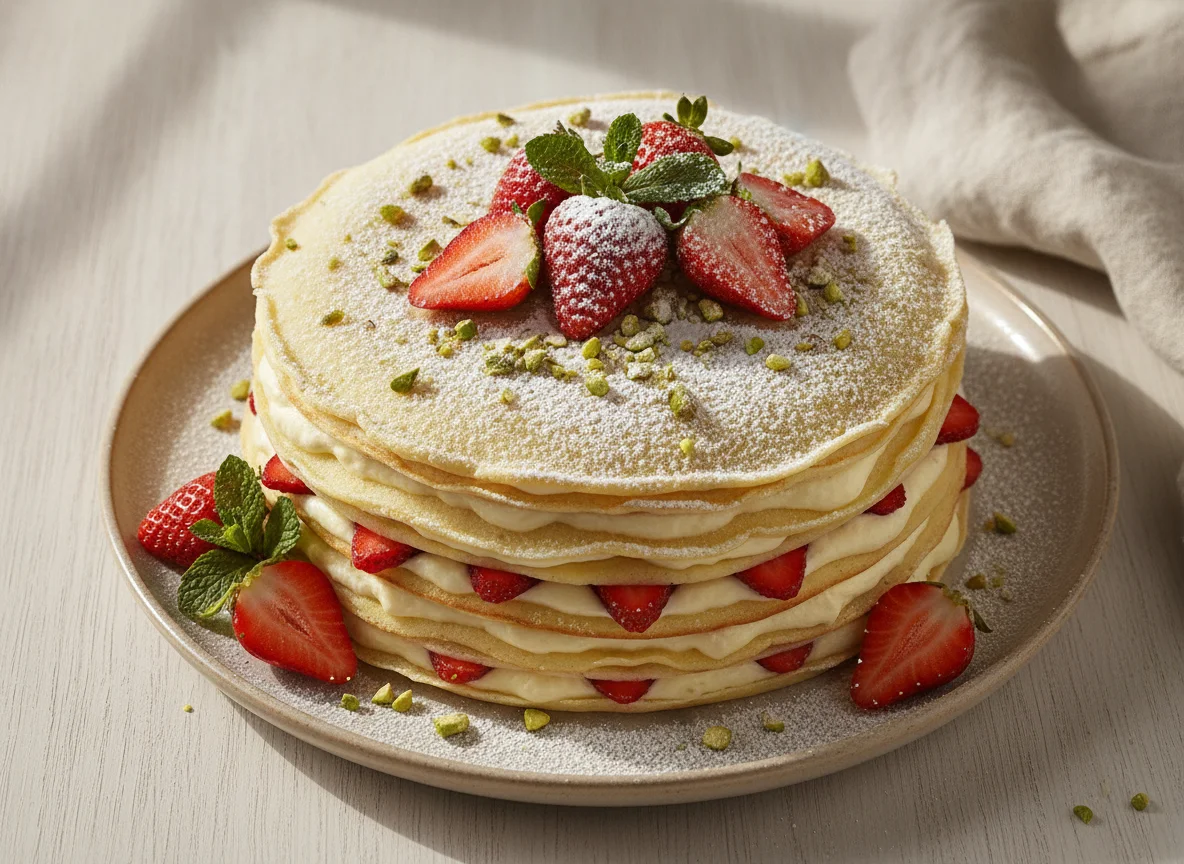 Десерт с клубникой, фисташками и кремом photo