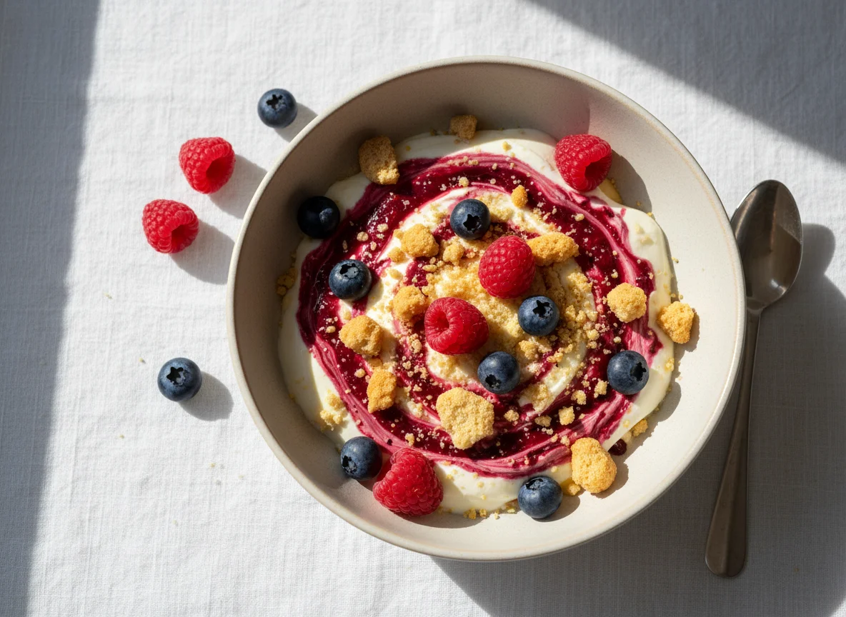 Десерт с маскарпоне, печеньем и ягодами photo