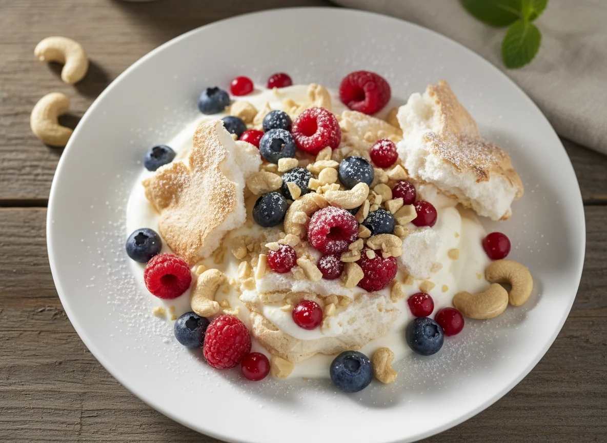 Десерт с меренгой, ягодами и орехами photo