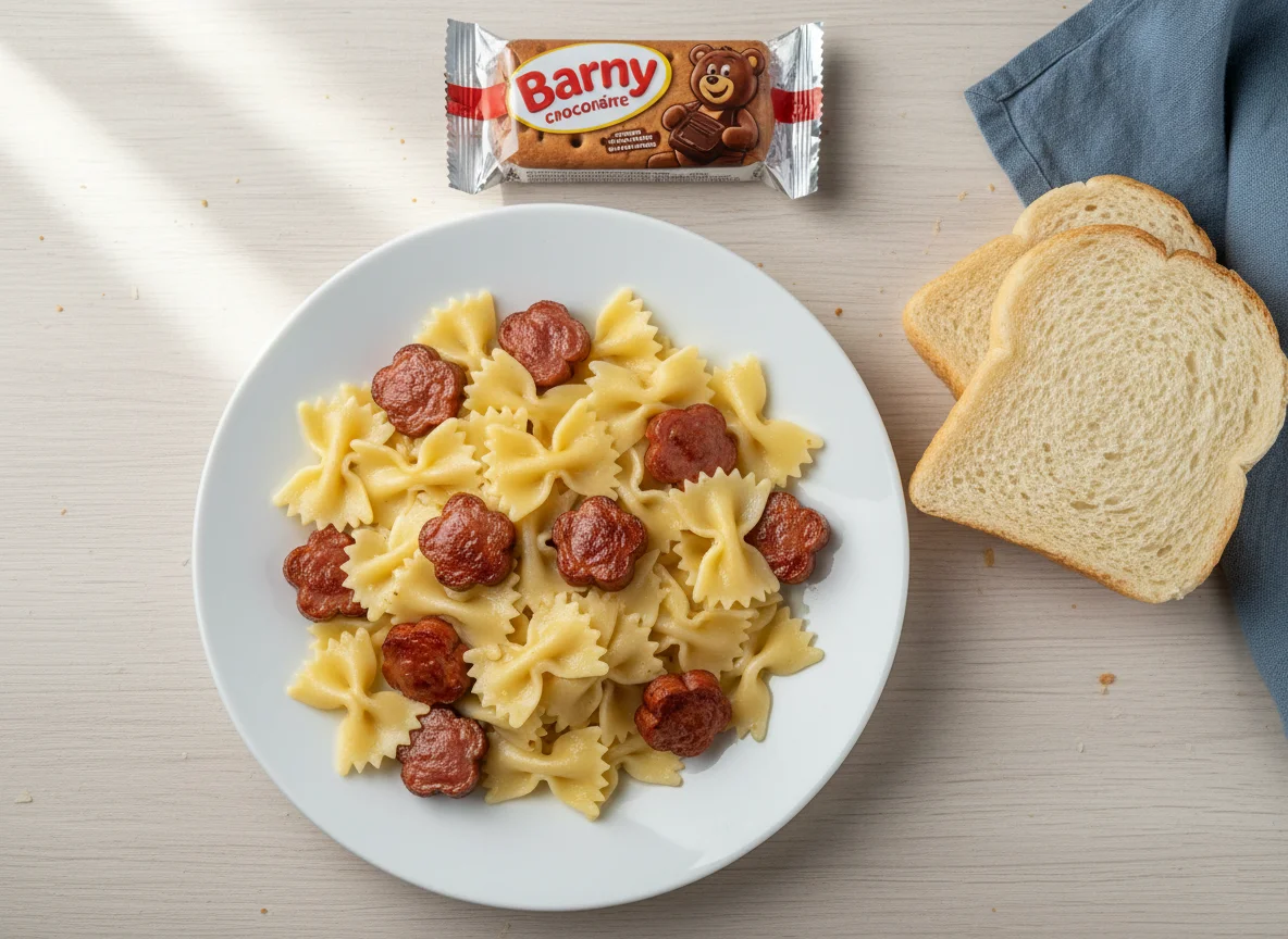 Детский обед с макаронами и сосисками photo