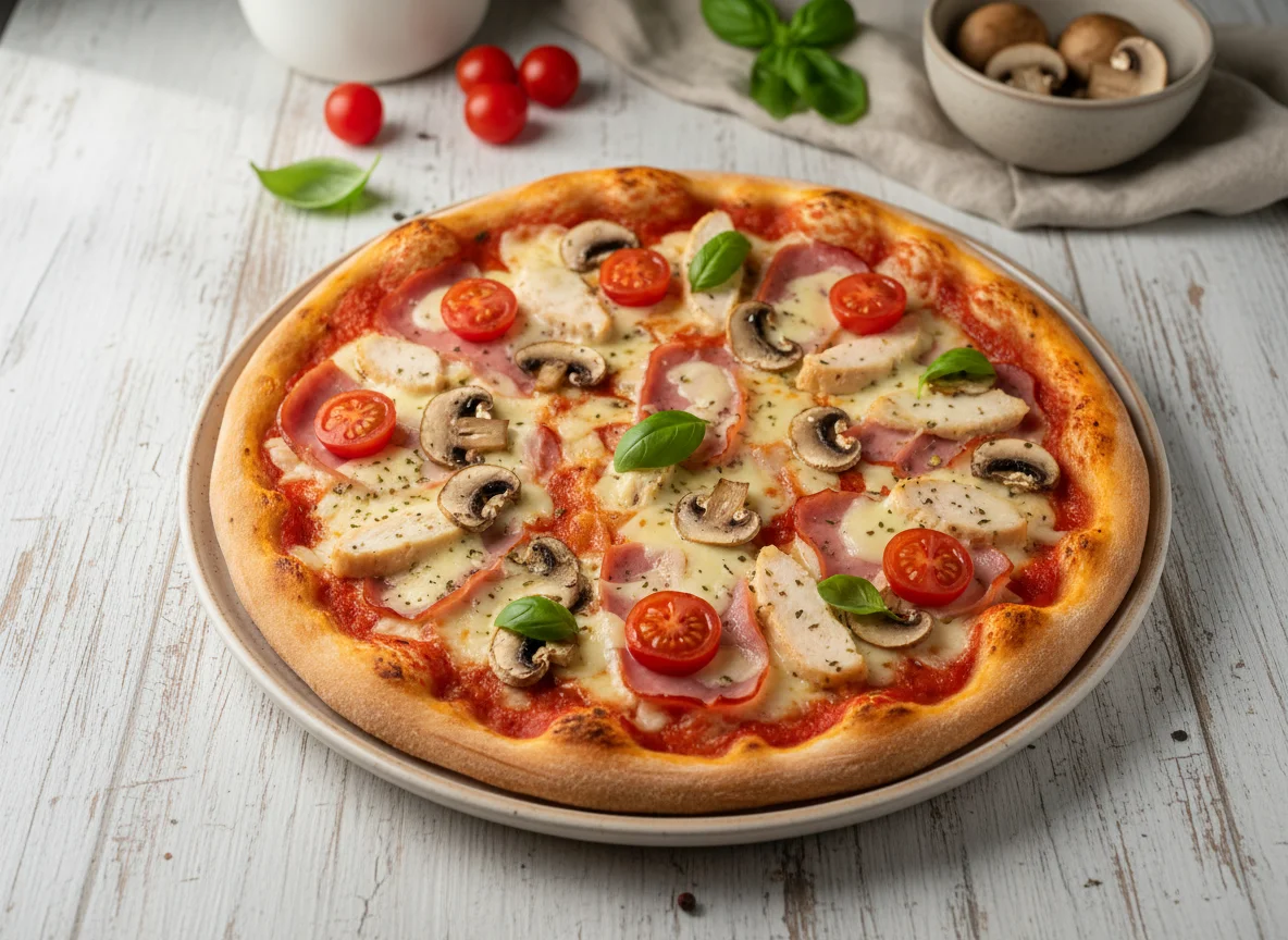 Домашняя пицца с грибами, ветчиной и курицей photo