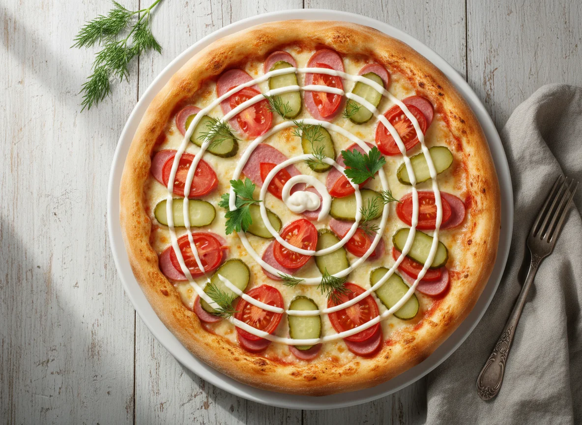 Домашняя пицца с колбасой и овощами photo