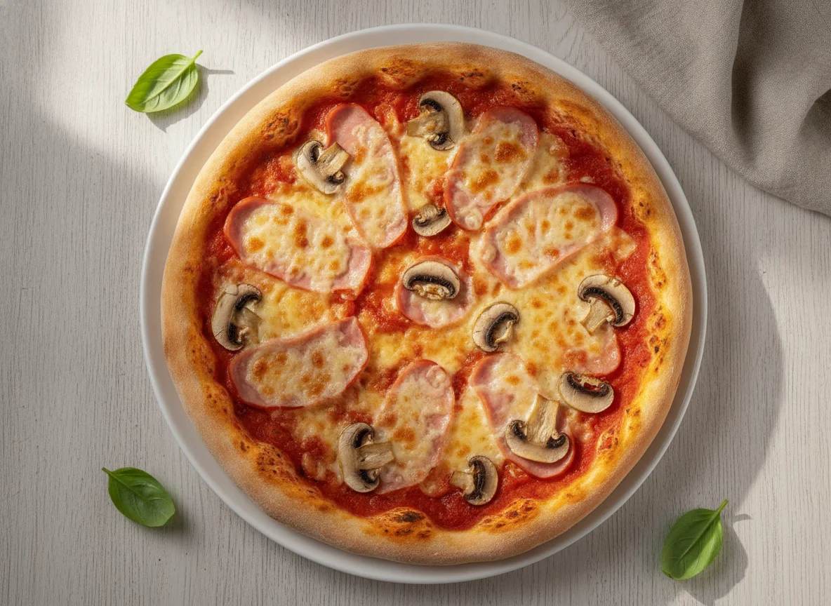 Домашняя пицца с ветчиной и грибами photo