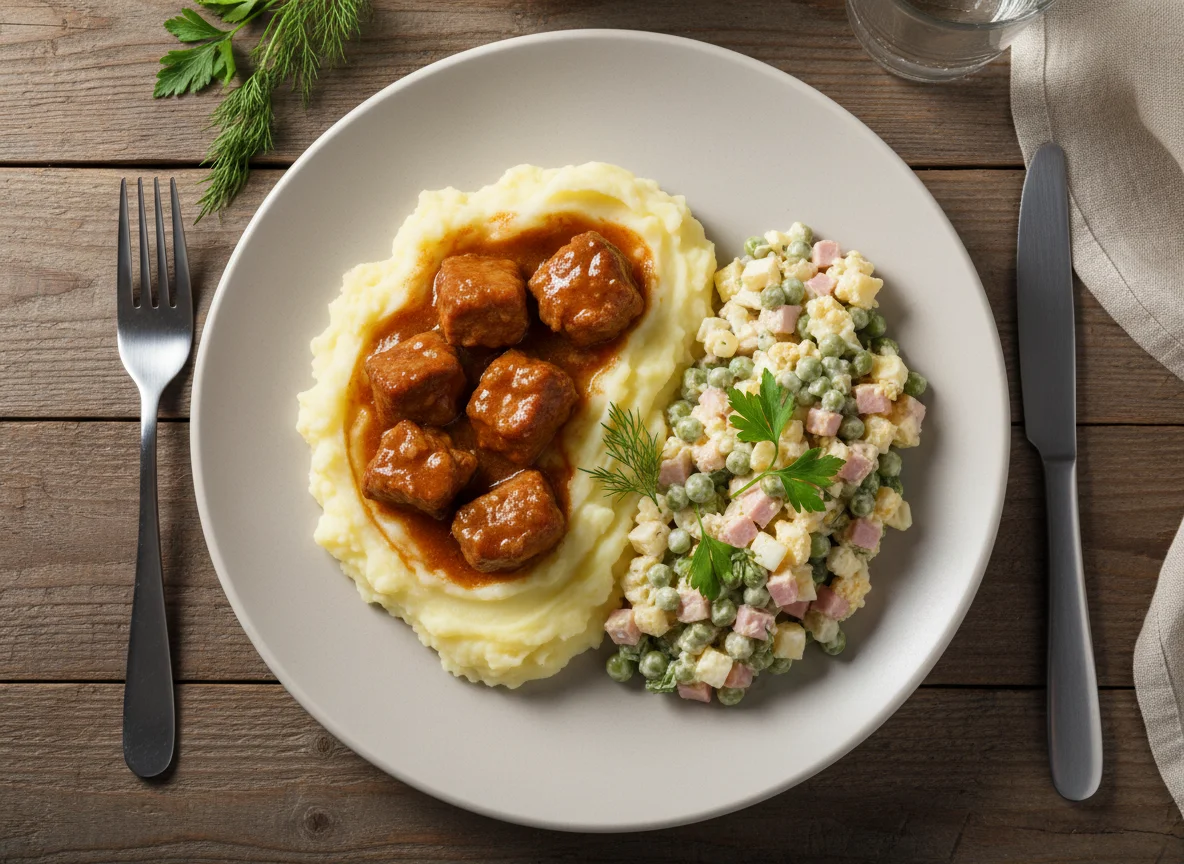 Домашний обед: пюре с мясом и салат Оливье photo