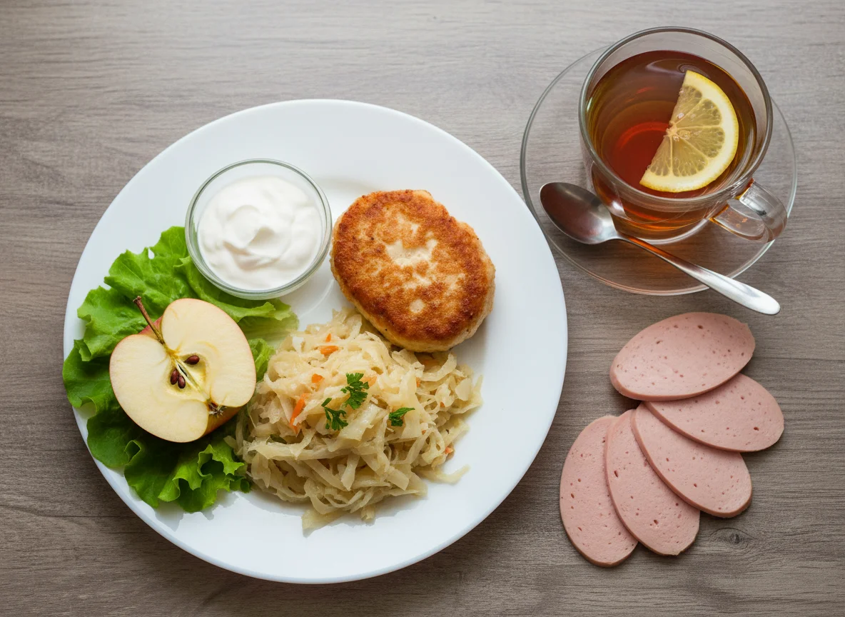Домашний обед с яблоком и чаем photo