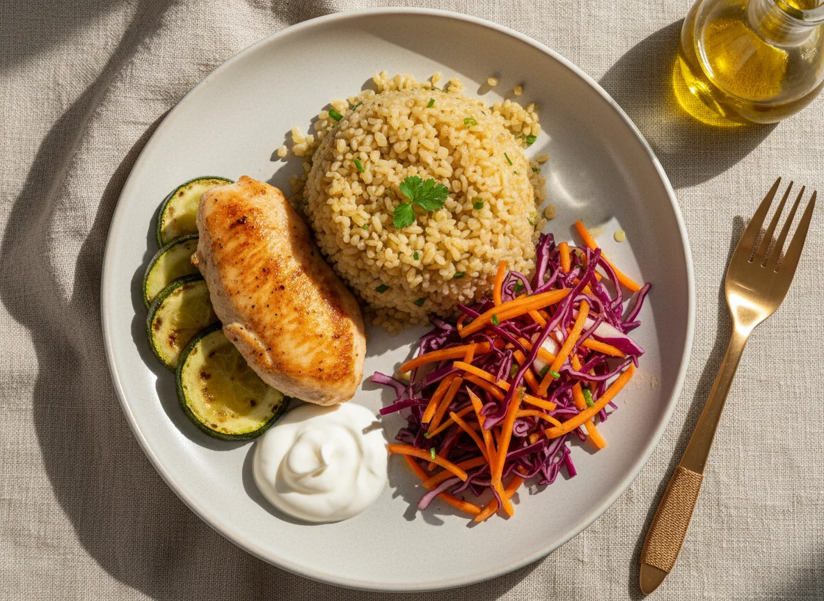 Домашний обед с булгуром, курицей и салатом photo