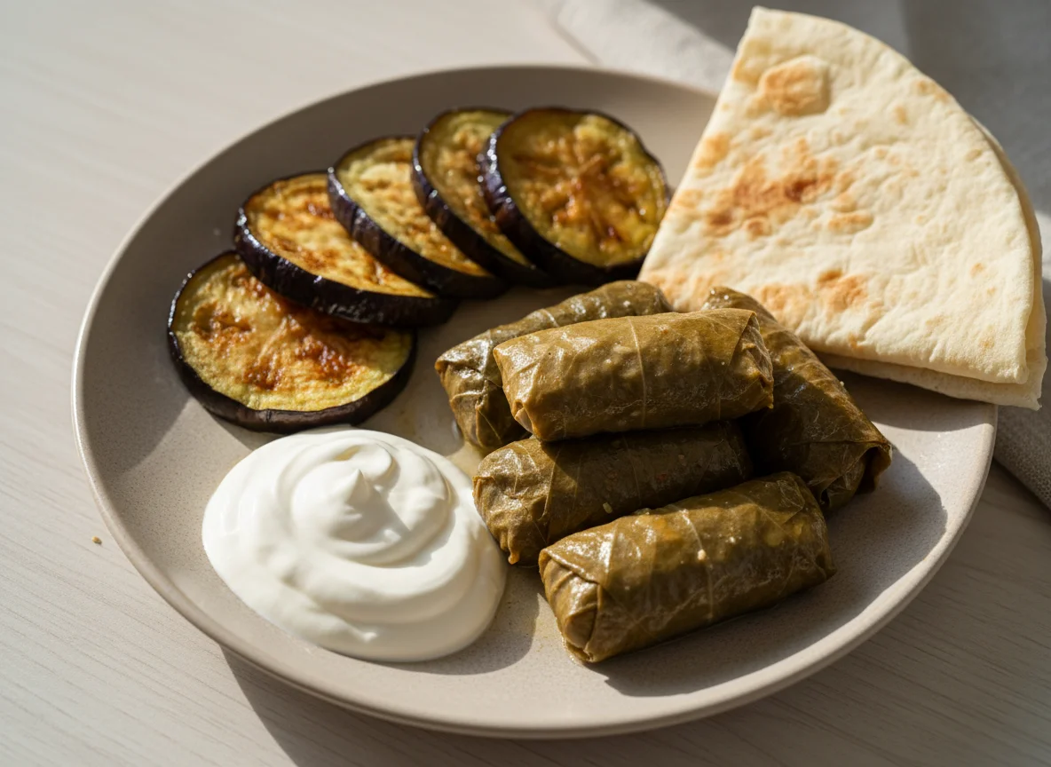 Домашний обед с долмой, баклажанами и лавашем photo