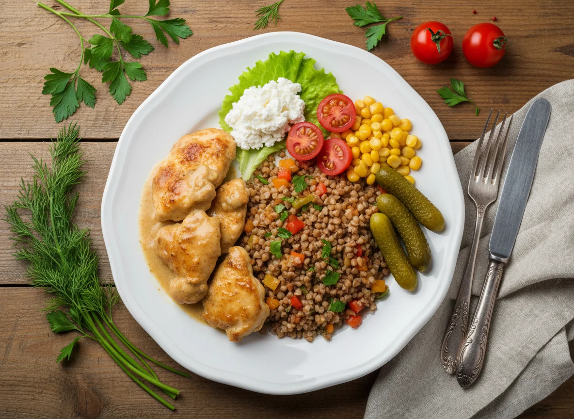 Домашний обед с гречкой и курицей photo