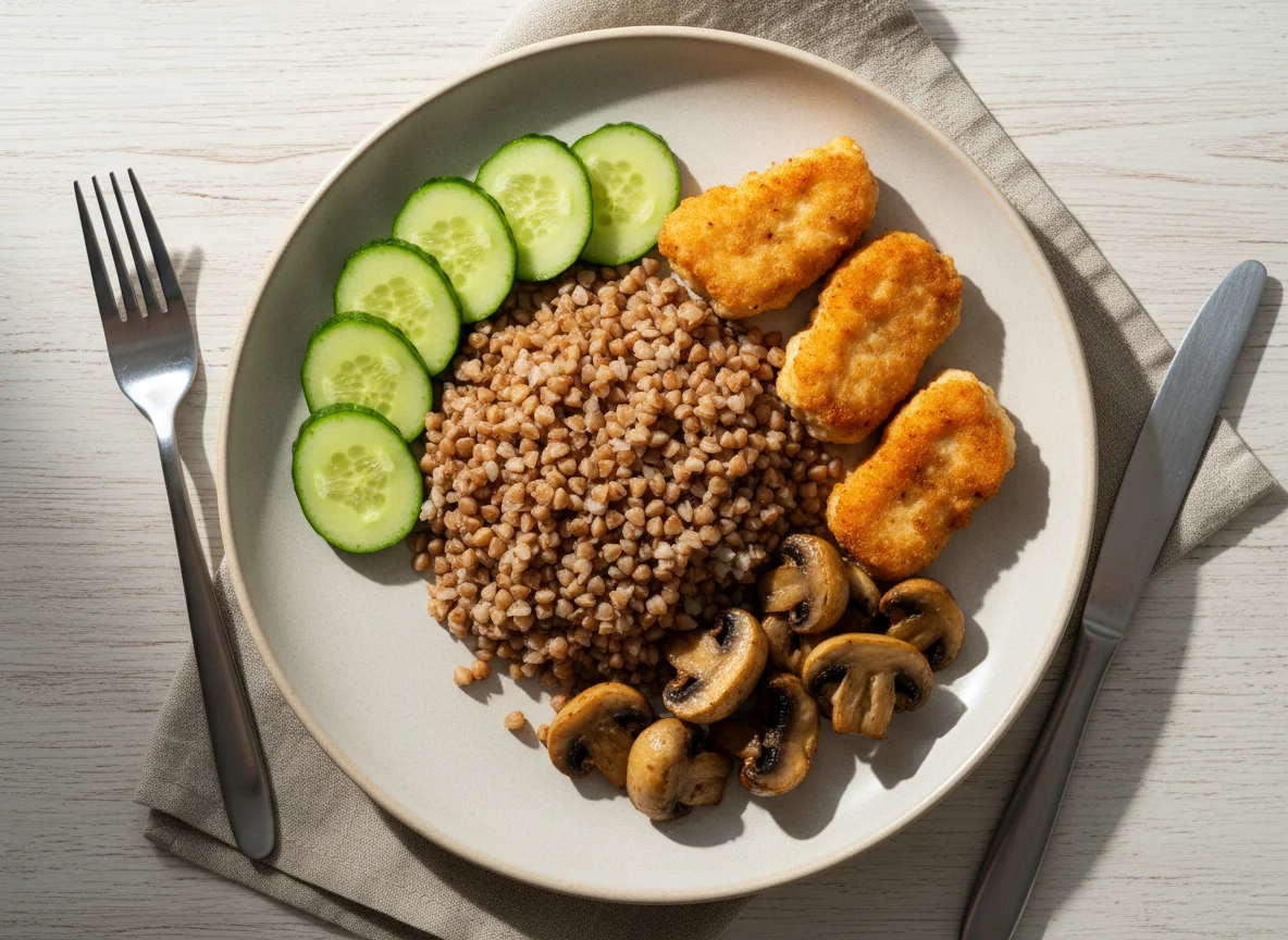 Домашний обед с гречкой и овощами photo