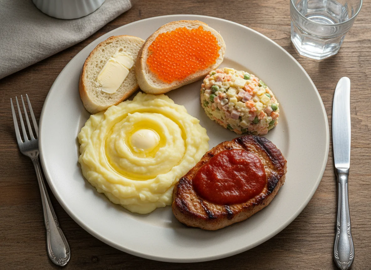 Домашний обед с икрой и пюре photo