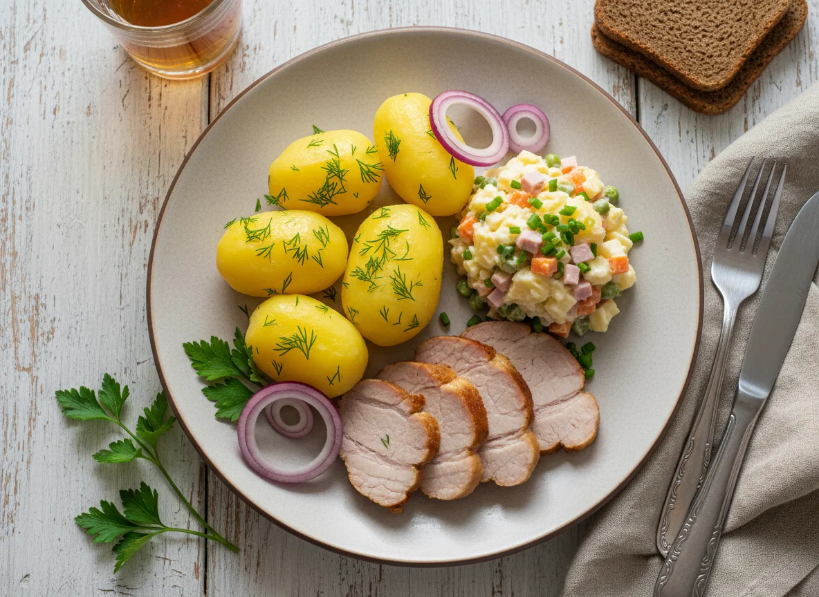 Домашний обед с картофелем, мясом и салатом photo