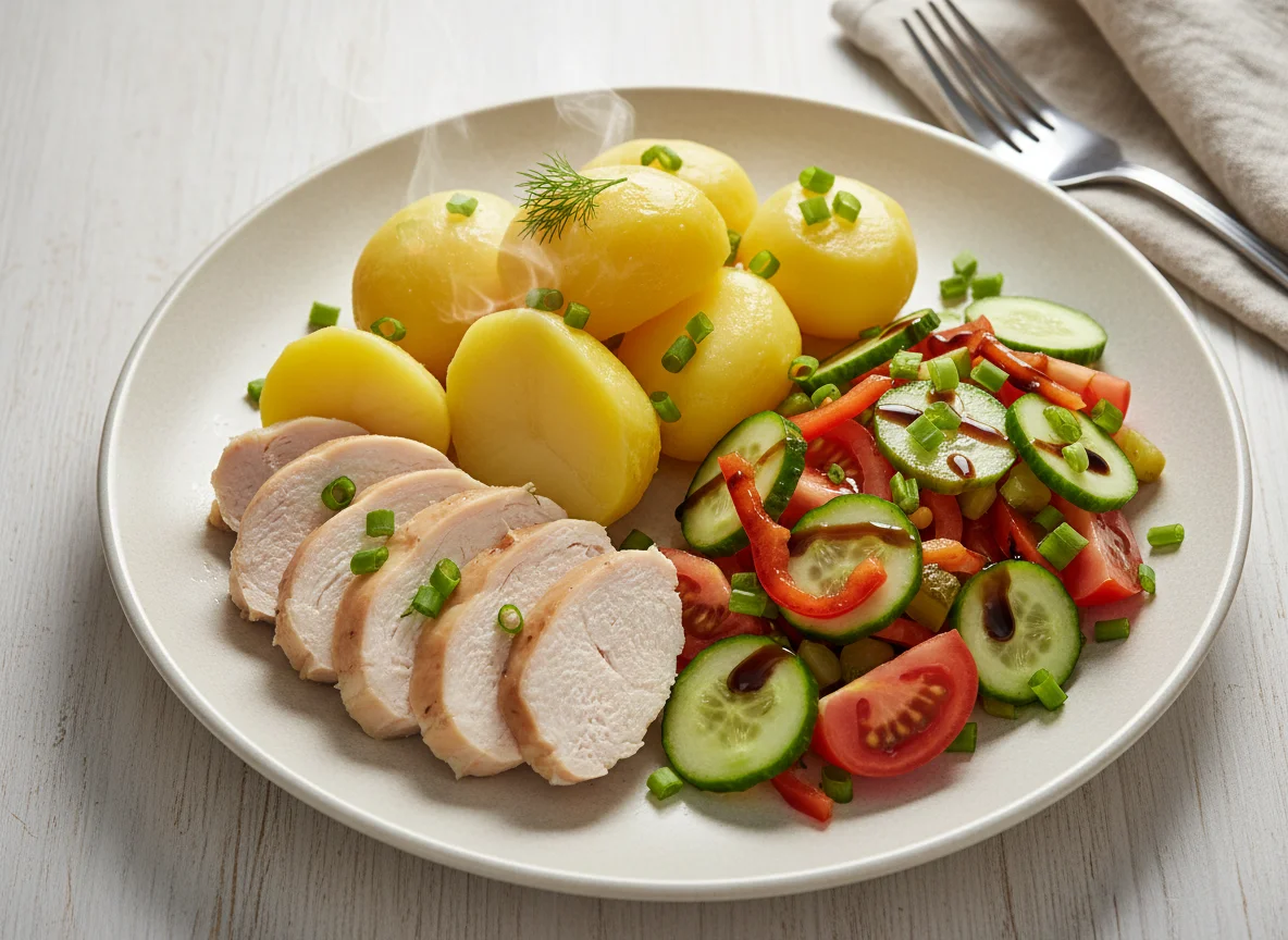 Домашний обед с картофелем, салатом и курицей photo