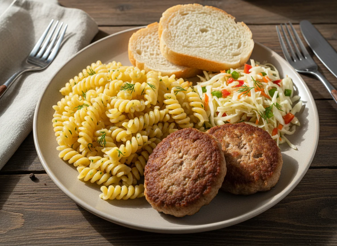 Домашний обед с котлетами, макаронами и салатом photo