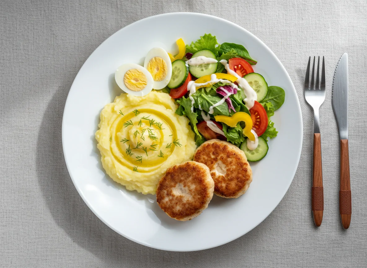 Домашний обед с котлетами, пюре, яйцами и салатом photo