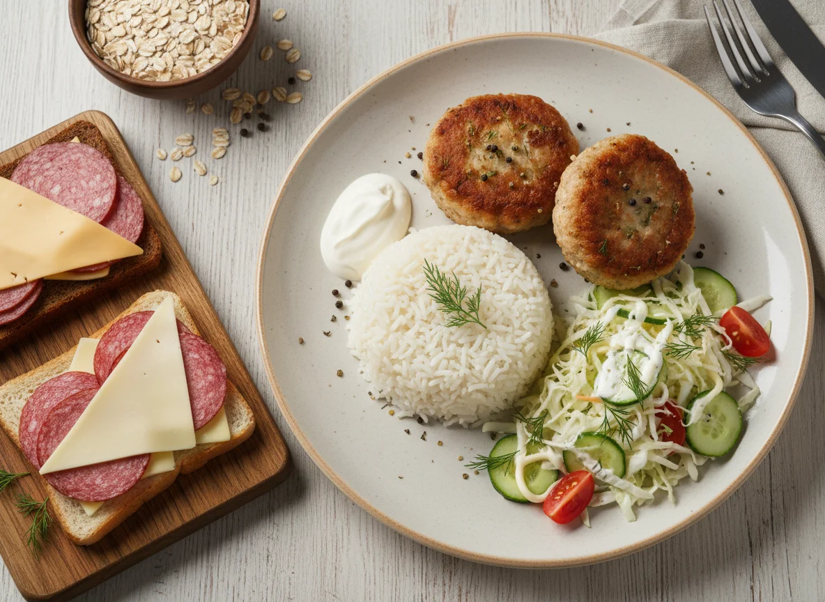 Домашний обед с котлетами, рисом, салатом и бутербродами photo