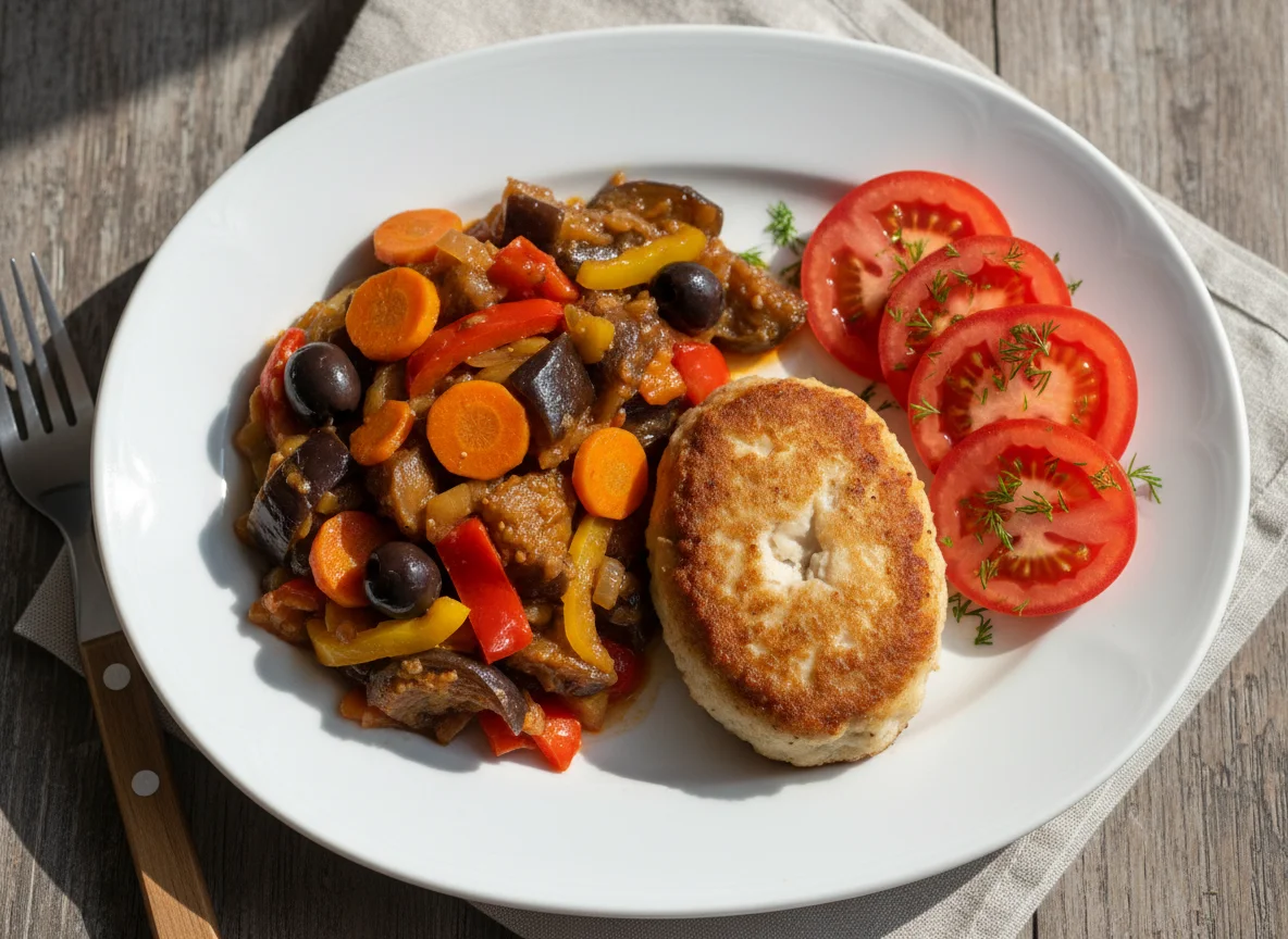 Домашний обед с котлетой и овощами photo