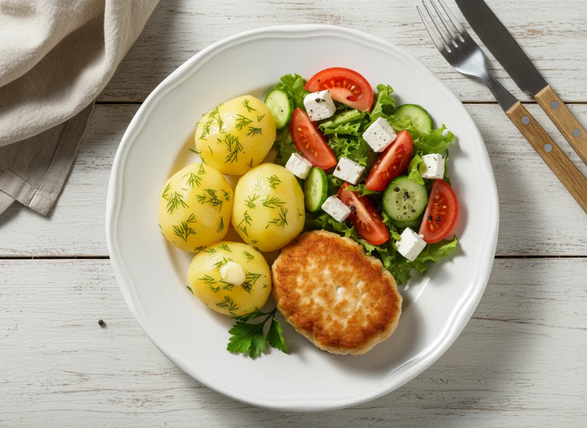 Домашний обед с котлетой, картофелем и салатом photo