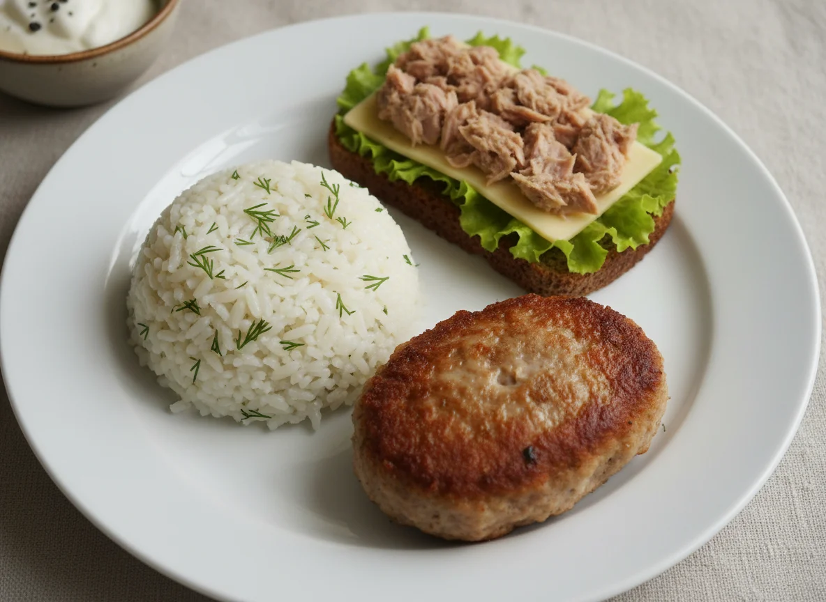 Домашний обед с котлетой, рисом и бутербродом photo