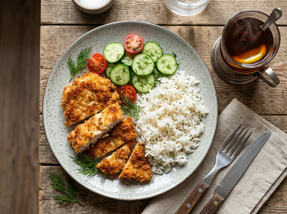 Домашний обед с курицей и рисом photo