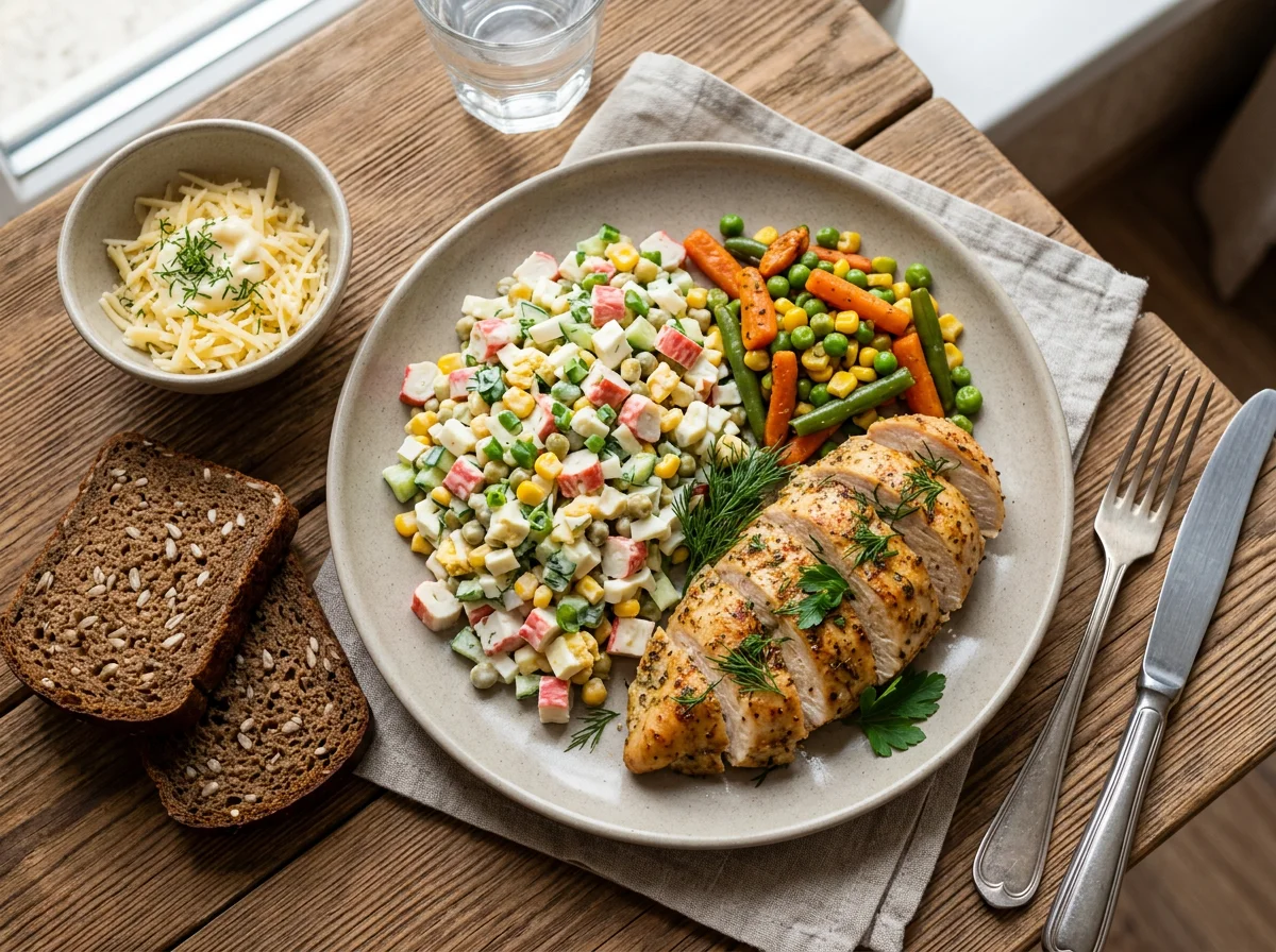 Домашний обед с курицей и салатом photo