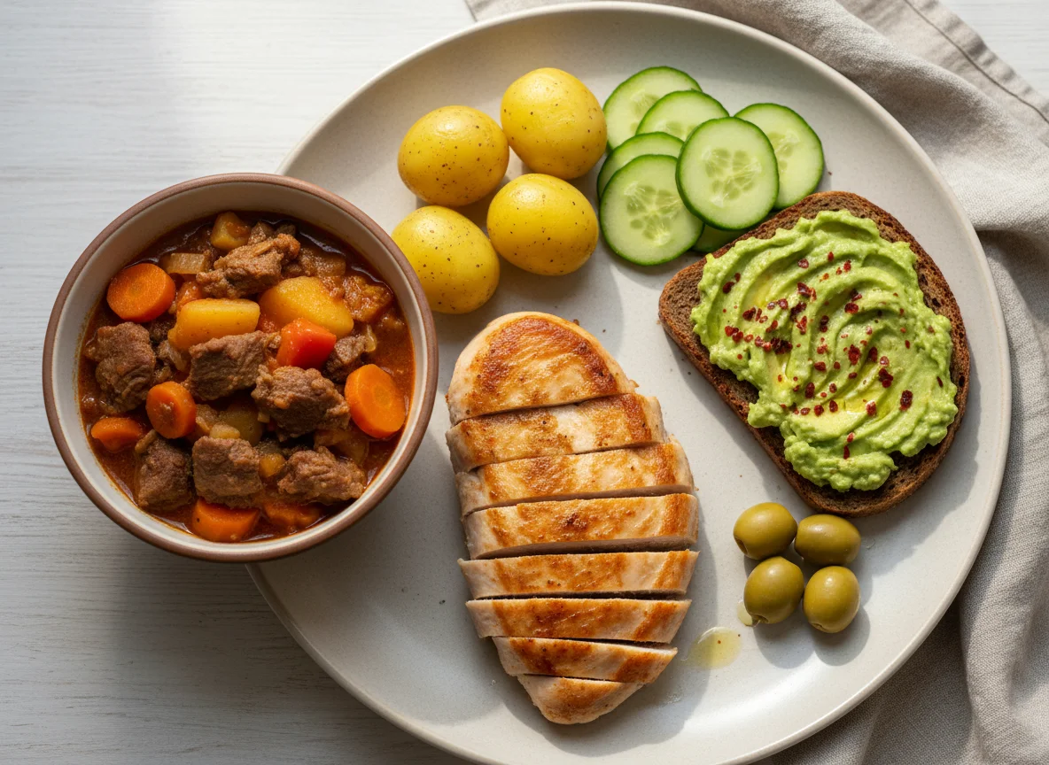 Домашний обед с курицей и тостом с авокадо photo