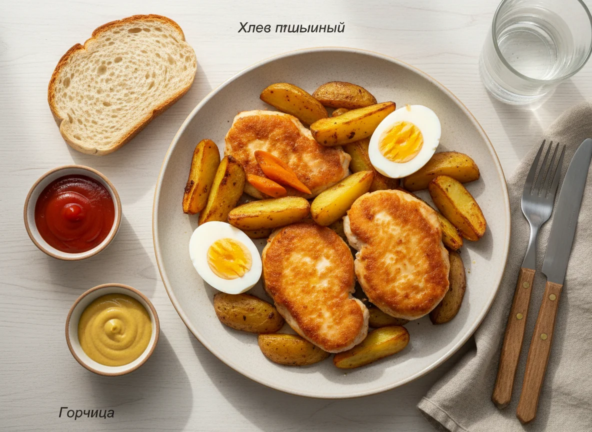 Домашний обед с курицей, картофелем и яйцами photo