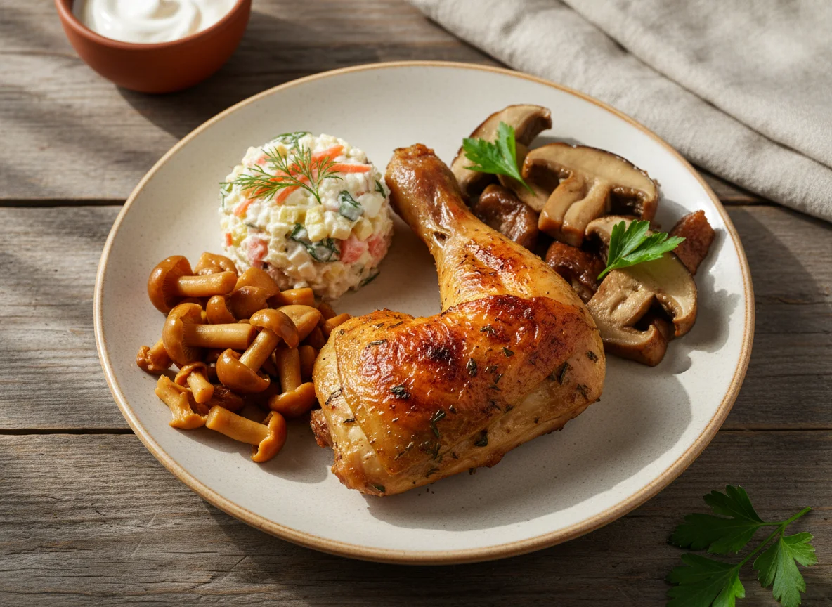 Домашний обед с курицей, салатом и грибами photo