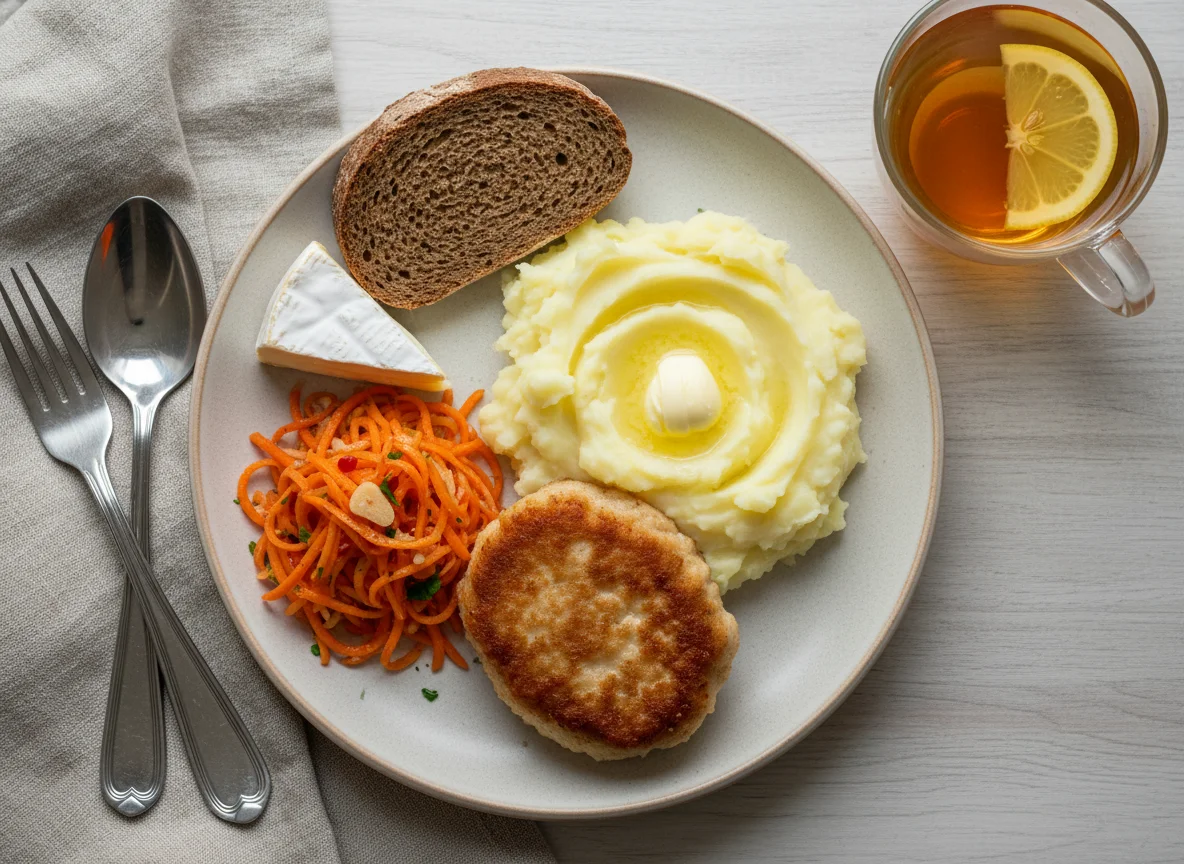 Домашний обед с куриной котлетой photo
