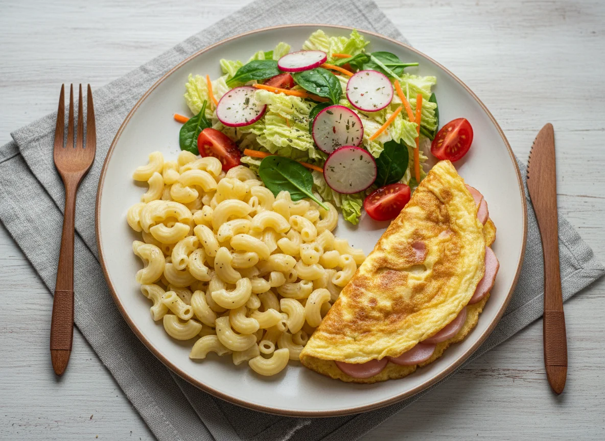 Домашний обед с макаронами, омлетом, ветчиной и салатом photo