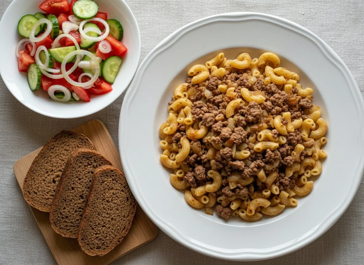 Домашний обед с макаронами по-флотски и овощным салатом photo