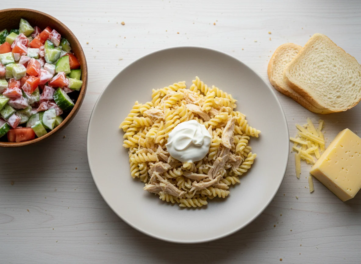 Домашний обед с макаронами, салатом и сыром photo