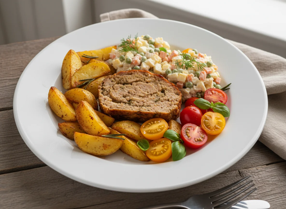 Домашний обед с мясным рулетом, картофелем, салатом Оливье и помидорами photo